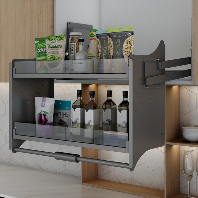 Tempered Glass Kitchen Pantry Soft Lift-up Basket