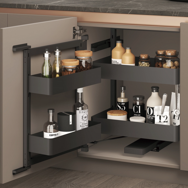 Premium Metal Frame Wood Base Pull Out Basket Magic Corner