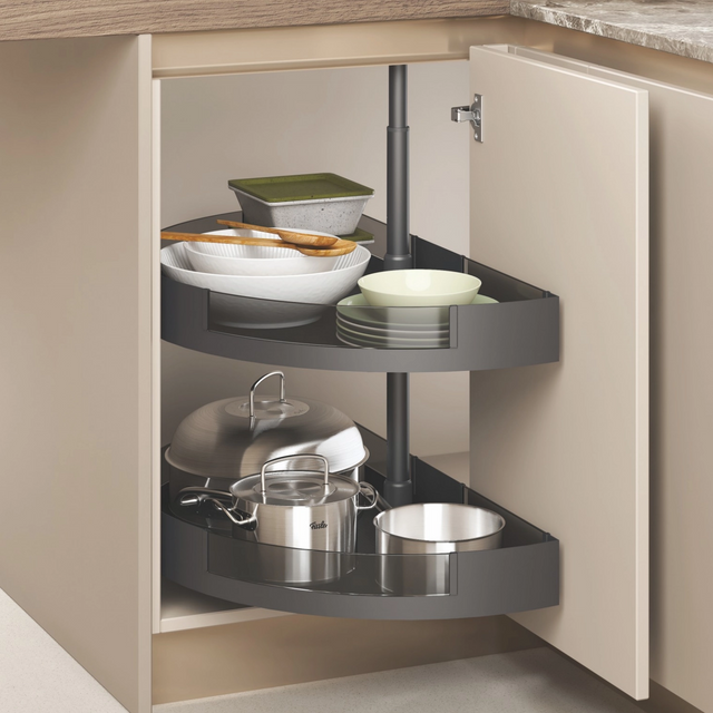Metal And Glass Frame Wood Base Kitchen Corner Basket 180 degree Revolving