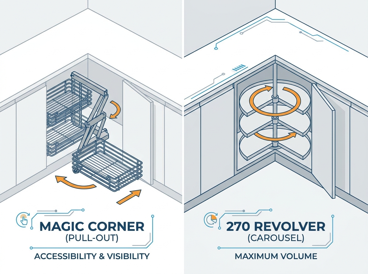 Pull out basket and shelf manufacturer hardware setup inside a corner cabinet