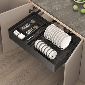 Premium Metal Frame Wood Base Pull Out Dish Basket 