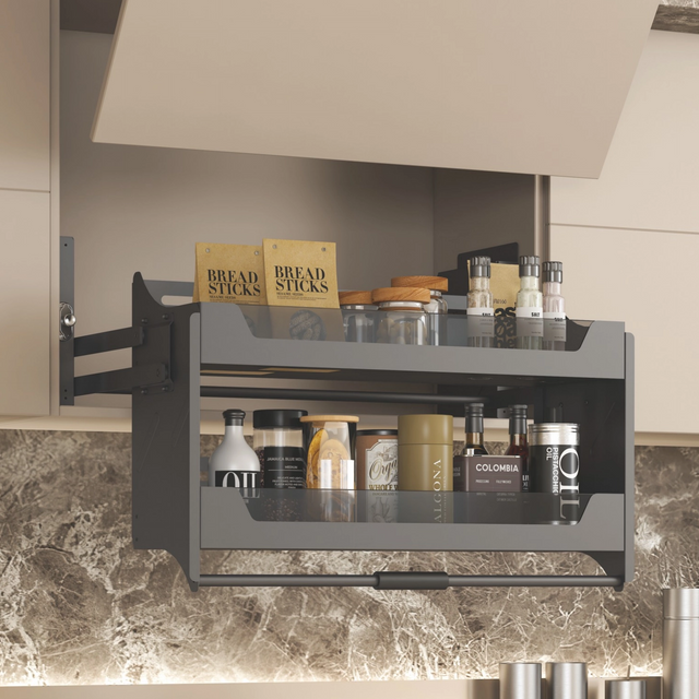 Metal And Glass Frame Wood Base Kitchen Lift Up Wall Cabinet Basket