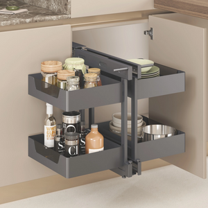 Metal And Glass Frame Wood Base Kitchen Pull Out Basket Show Hand Corner