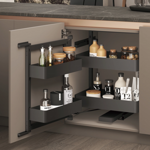 Premium Metal Frame Wood Base Pull Out Basket 2 Layers Corner Pantry